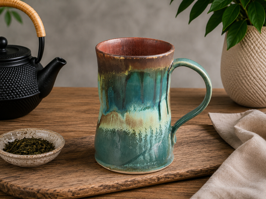Hero image of a handmade 400ml Bush Creek Earth pottery mug on a rustic wooden table.