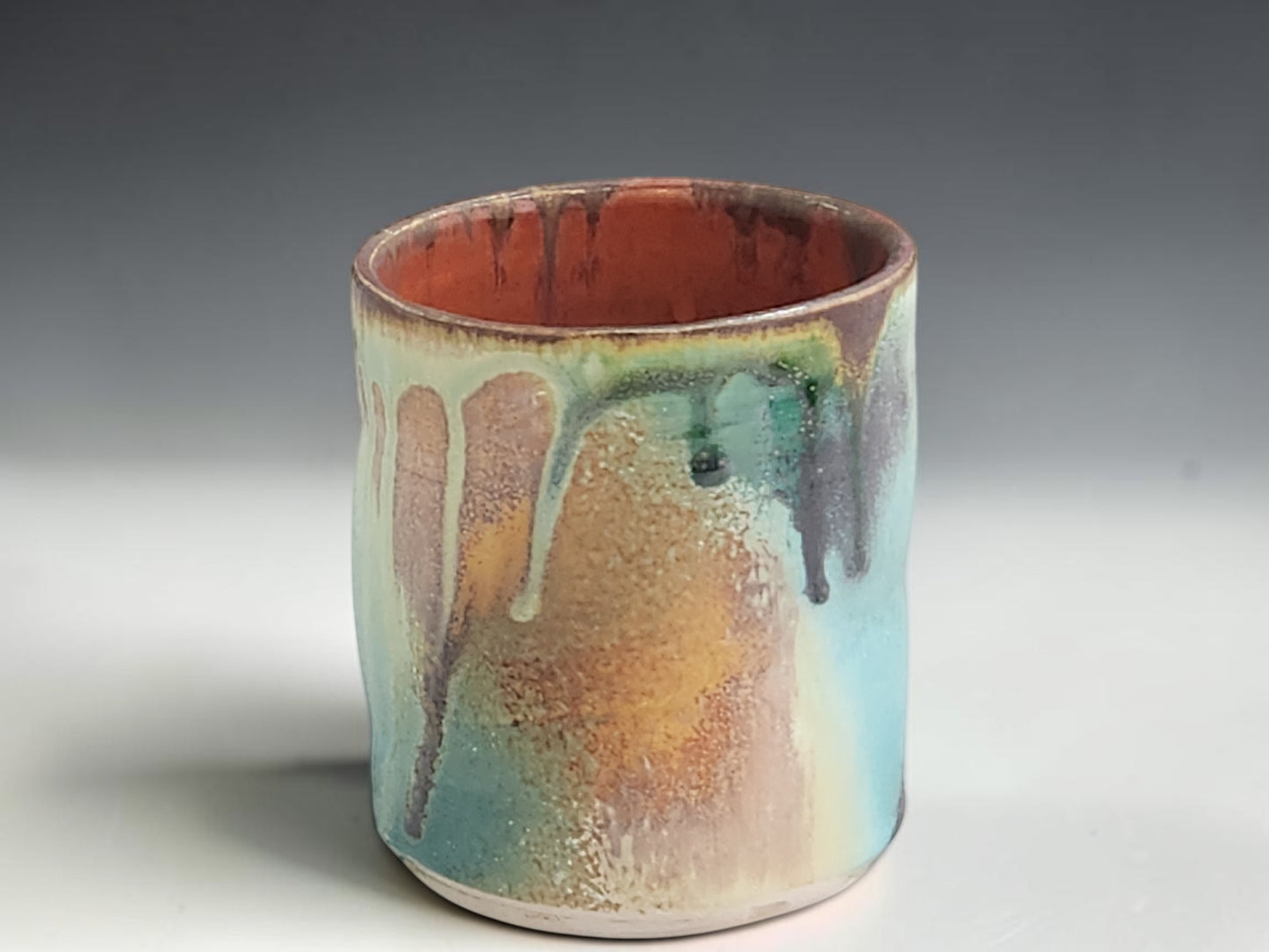 Handmade pottery cup for coffee, water, tea or whisky with unique turquoise and terracotta glaze