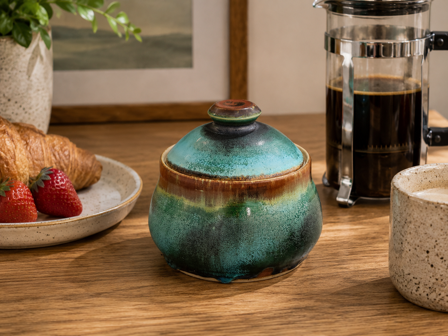 Handmade ceramic sugar bowl with lid from Bush Creek Earth Collection styled beside French press coffee
