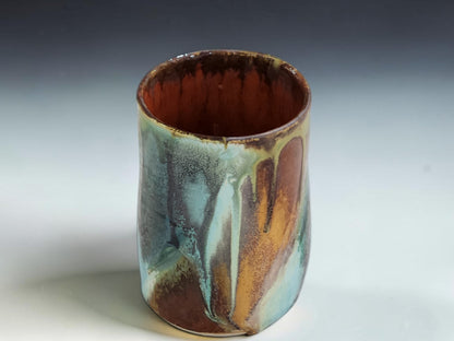 Handmade pottery cup with turquoise, rust and brown glaze, 350ml stoneware tumbler