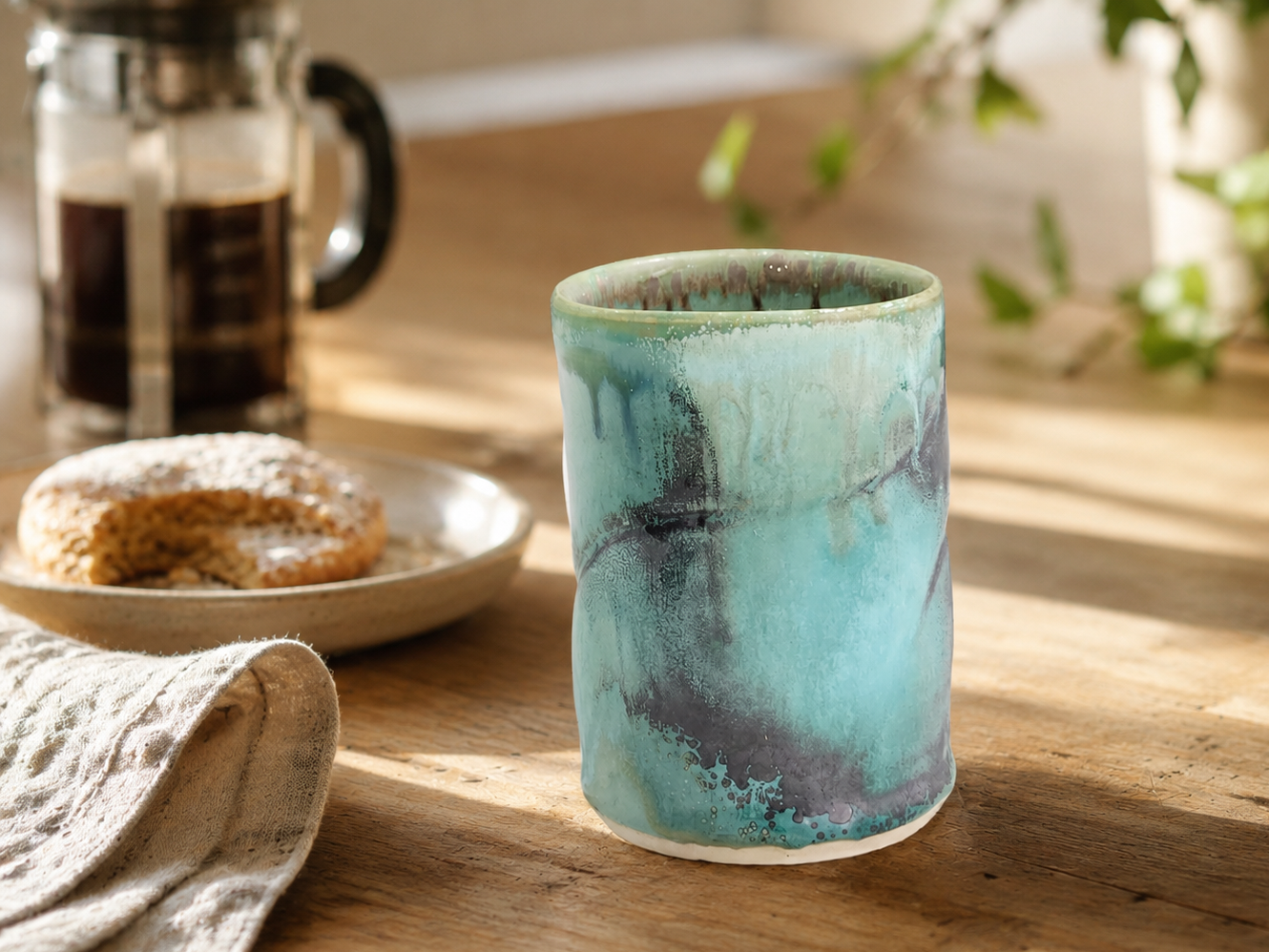 Handmade ceramic 250ml tumbler in turquoise green glaze styled with coffee and pastry in a warm kitchen setting