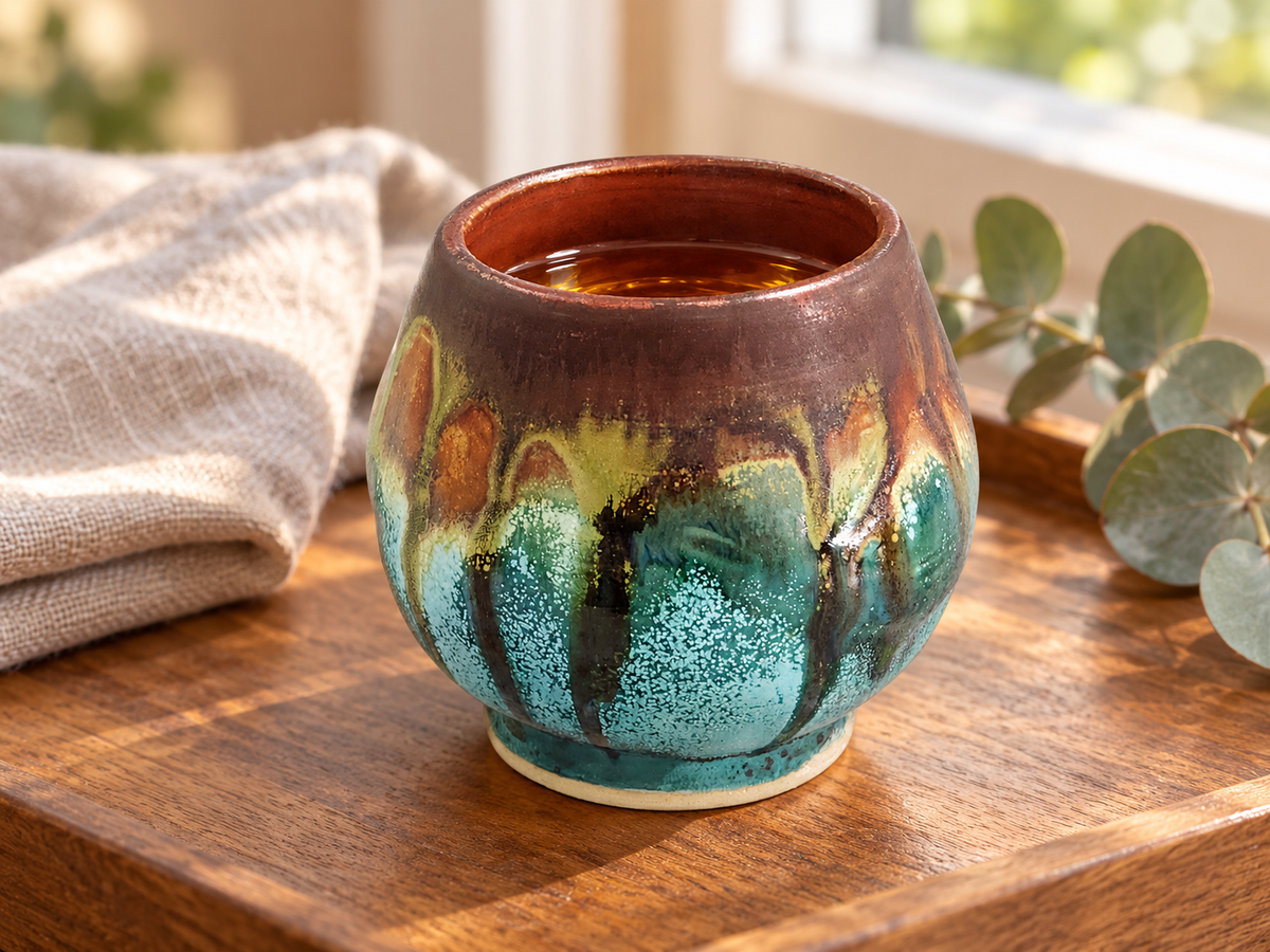 Handmade yunomi tea cup with teal, olive and chocolate brown drip glaze