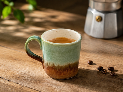 Handmade spearmint and red-brown espresso cup with moka pot and coffee beans