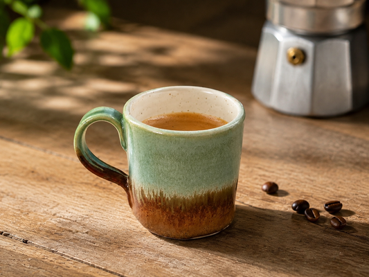 Handmade spearmint and red-brown espresso cup with moka pot and coffee beans