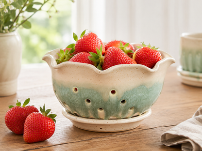 Decorative handmade berry bowl with strawberries in lifestyle setting