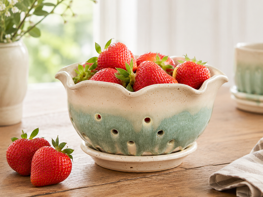 Decorative handmade berry bowl with strawberries in lifestyle setting