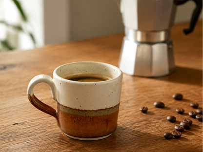 Handmade 100ml red-orange espresso cup with moka pot and coffee beans