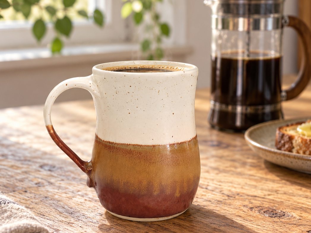 Handmade 500ml speckled cream and earthy brown pottery mug with French press

