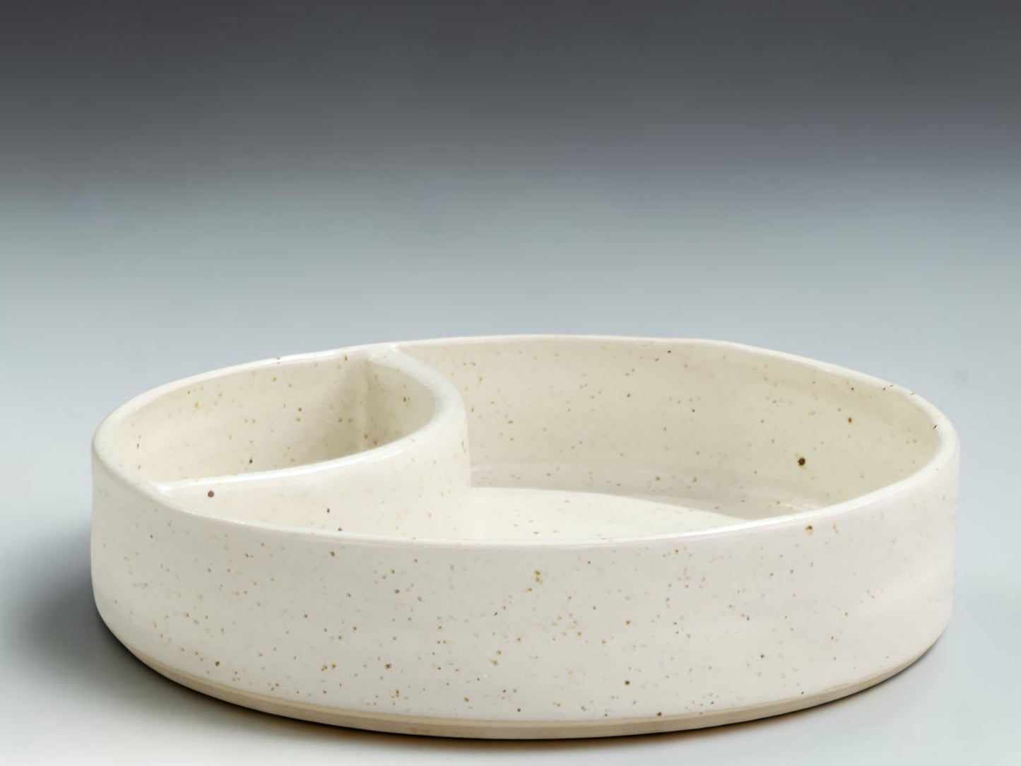 Handmade ceramic chip and dip bowl with separate sauce compartment, made by Buxton Pottery in Melbourne Australia