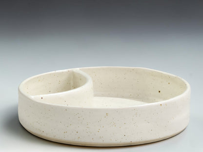 Handmade ceramic chip and dip bowl with separate sauce compartment, made by Buxton Pottery in Melbourne Australia