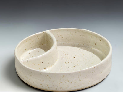 Speckled cream handmade pottery snack dish for chips, crackers, dip, salsa and condiments