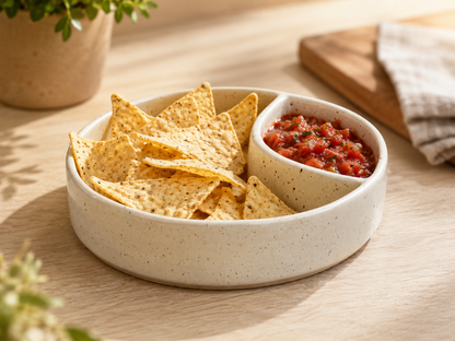 Handmade ceramic chip and dip bowl in speckled cream glaze styled with corn chips and salsa in a warm kitchen setting