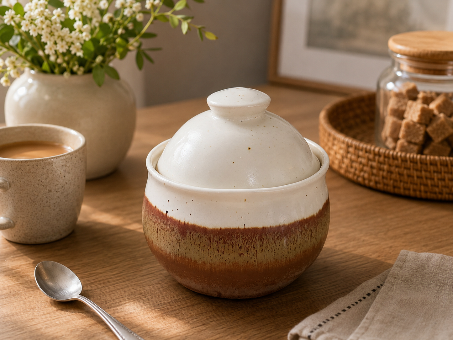 Handmade ceramic sugar bowl styled in a cosy lifestyle kitchen setting beside a cup of coffee, fresh flowers, and sugar cubes on a wooden table.
