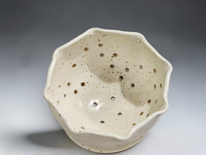 Speckled cream ceramic berry bowl with scalloped rim, handmade in Melbourne pottery studio