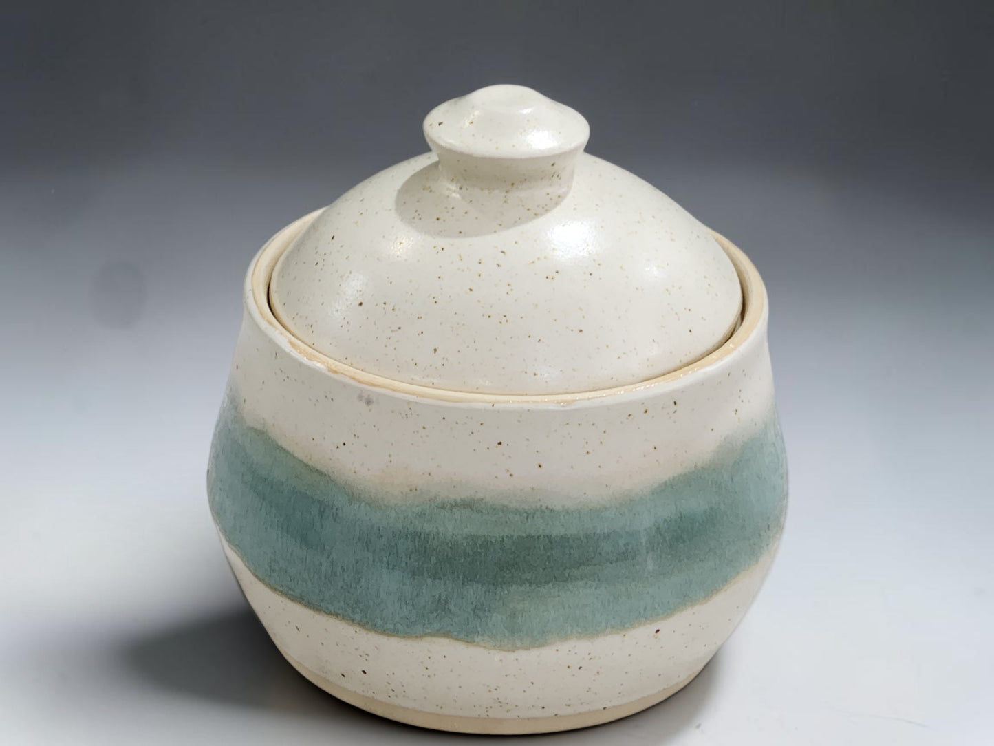 Speckled cream pottery sugar bowl with seafoam green glaze band and fitted ceramic lid