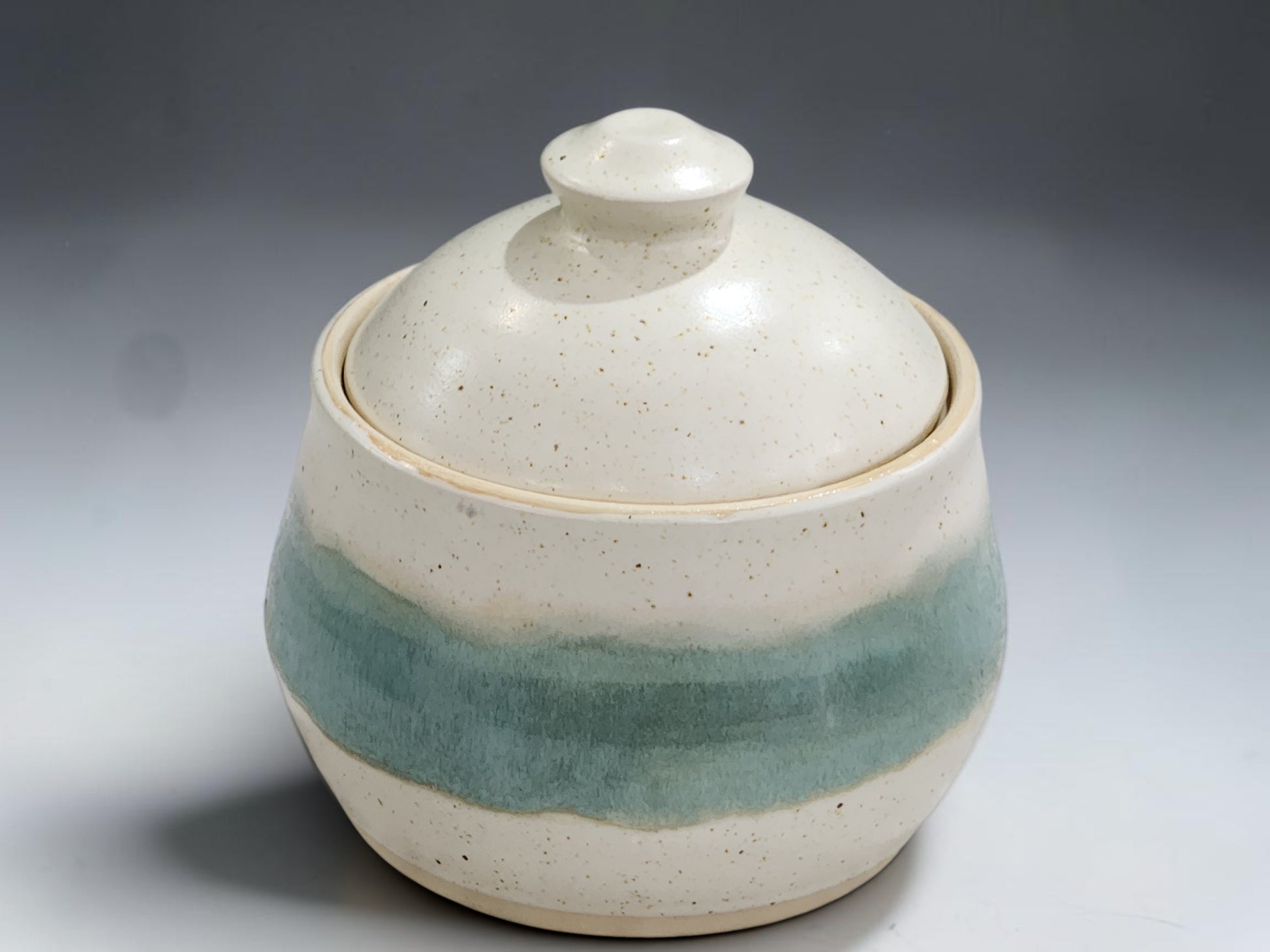 Speckled cream pottery sugar bowl with seafoam green glaze band and fitted ceramic lid