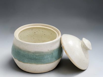 Buxton Pottery handmade sugar bowl in speckled cream and seafoam green glaze