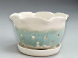 Speckled cream and green handmade pottery berry bowl with matching saucer