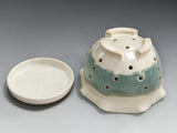 Speckled cream berry bowl with green glaze and matching saucer by Buxton Pottery