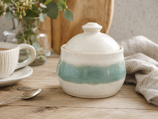 Handmade ceramic sugar bowl with lid in speckled cream and seafoam green glaze styled in a warm kitchen setting