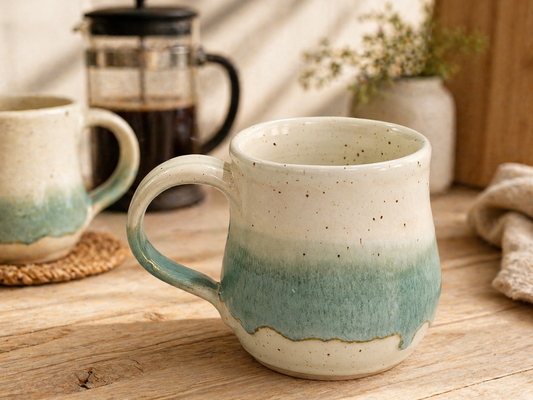 Handmade speckled cream and green pottery mug in a lifestyle coffee setting