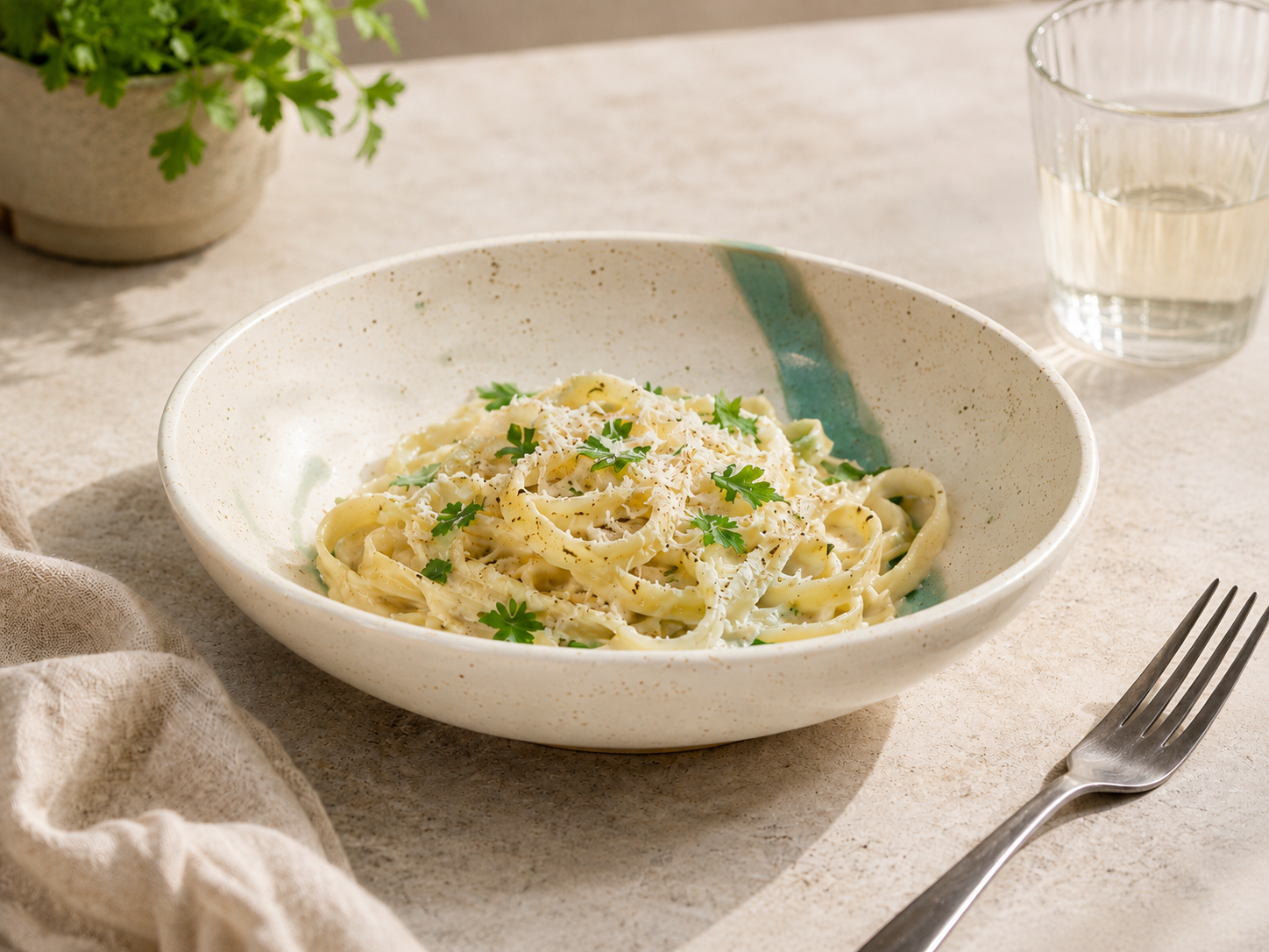 Handmade ceramic pasta bowl in speckled cream glaze with one green stripe, styled with creamy pasta in a warm kitchen setting