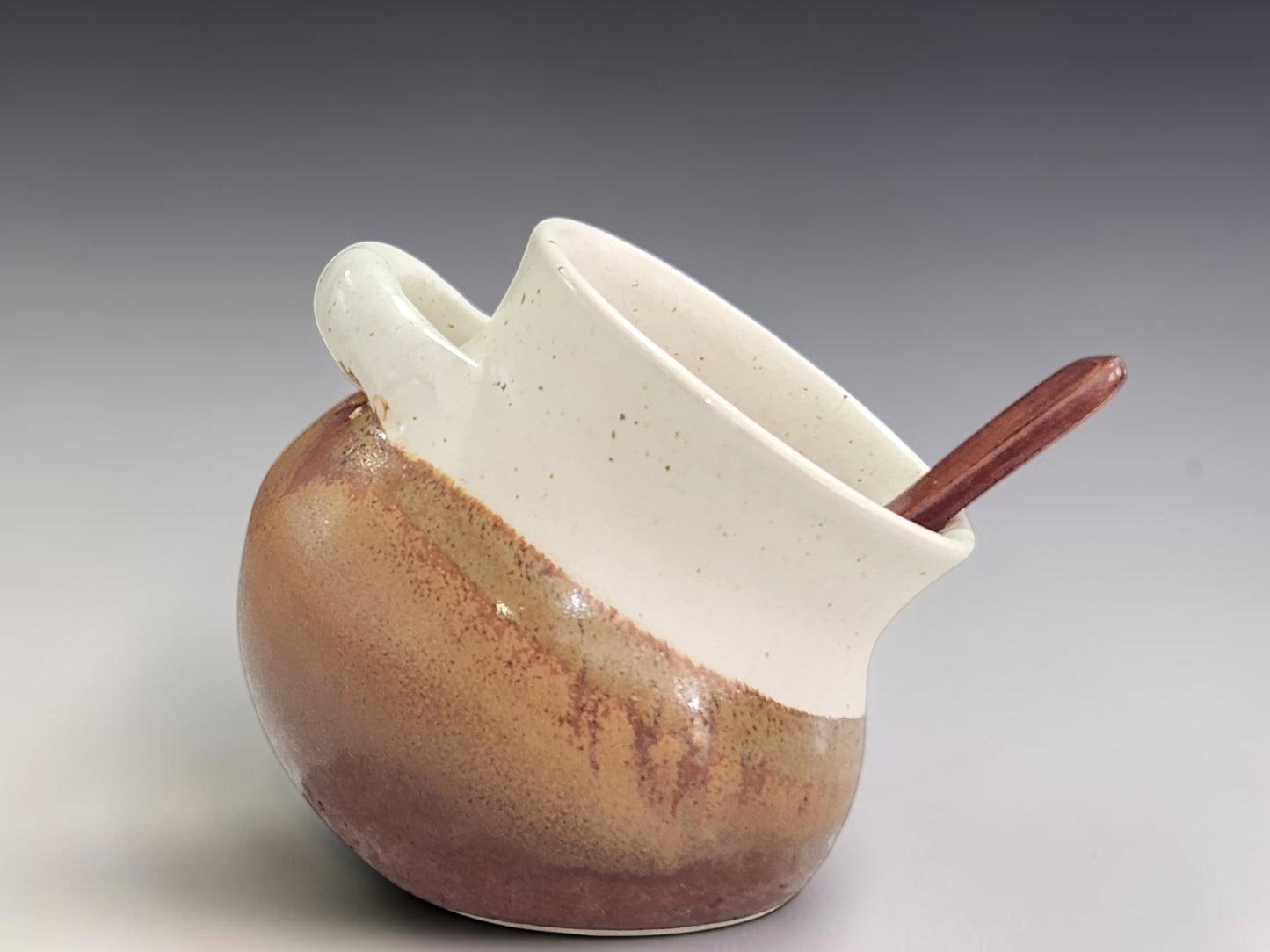 Australian handmade ceramic salt pig with speckled cream interior and warm brown exterior glaze