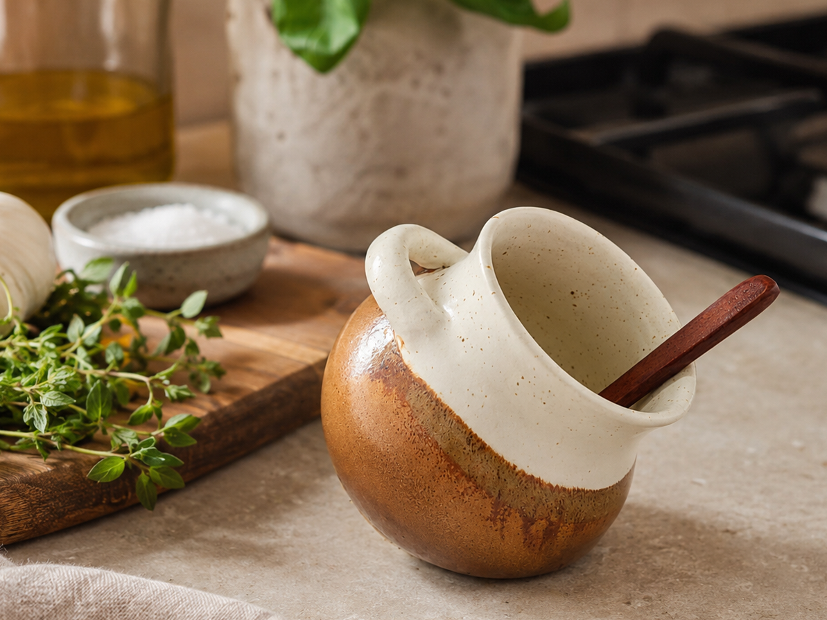 Handmade ceramic salt pig in cream and terracotta glaze styled in a warm kitchen setting with herbs and wooden spoon