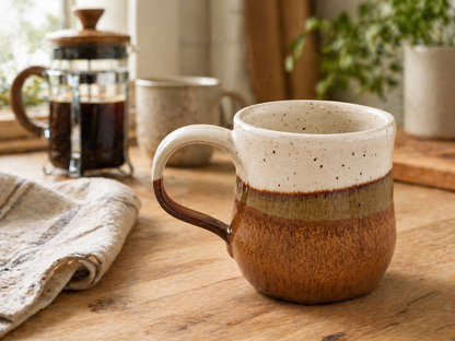 Handmade pottery mug on a timber bench in a coffee lifestyle setting