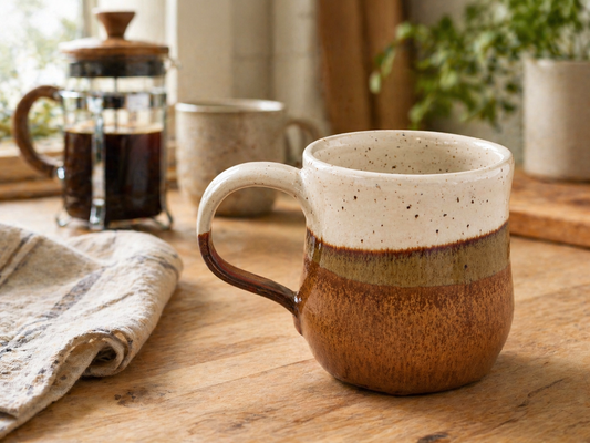 Handmade pottery mug on a timber bench in a coffee lifestyle setting