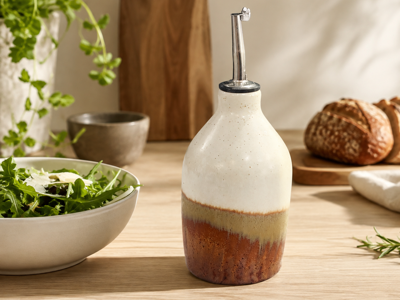 image of handmade ceramic oil bottle 400ml in warm neutral glaze on kitchen bench, Melbourne pottery