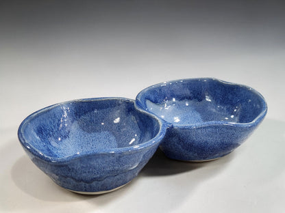 Blue ceramic entertaining bowl with two joined sections