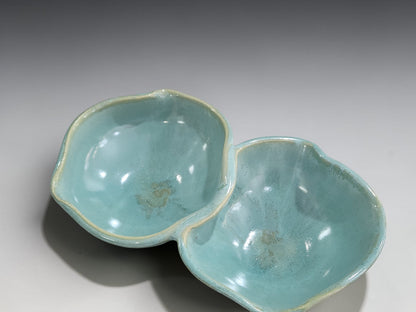 Handmade ceramic double snack bowl in soft aqua glaze