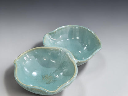 Two-section pottery snack bowl for serving nuts, olives or dips