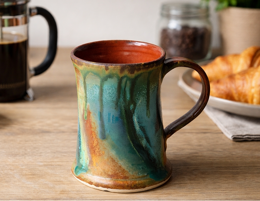 Handmade pottery mug on wooden bench with French press coffee scene