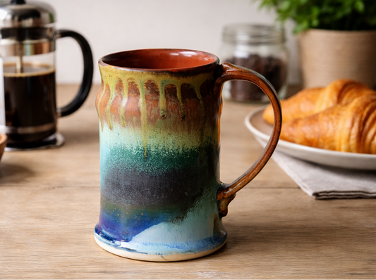 Handmade pottery mug in galaxy glaze with French press and croissant on kitchen table