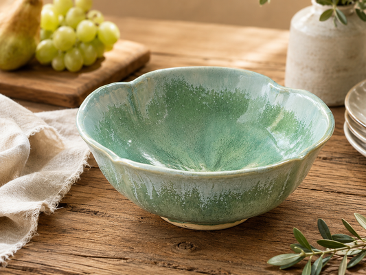 Handmade spearmint green serving bowl styled on a dining table