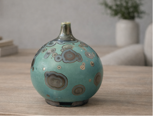 Handmade galaxy glaze mini crystalline vase teal green ceramic bud vase Melbourne Australia