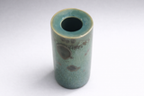 Wheel thrown handmade ceramic vase glossy blue green interior sloping top entry