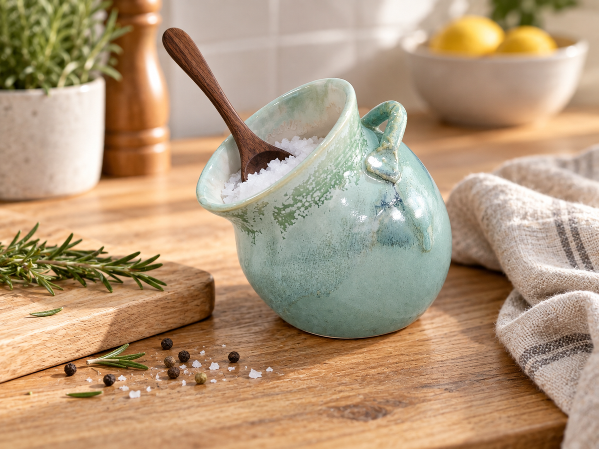 Handmade green salt pig styled on a timber kitchen bench