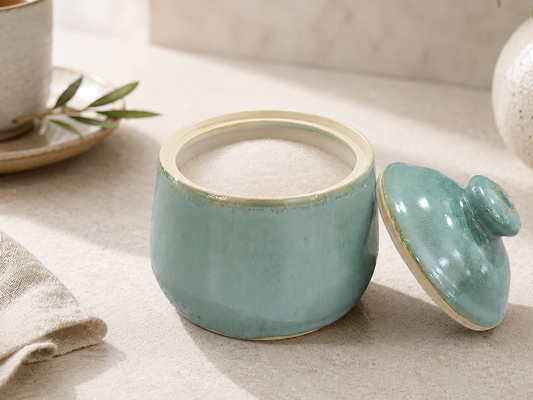 Handmade ceramic sugar bowl in seafoam green glaze filled with sugar and styled beside a tea cup in a warm kitchen setting