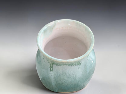 Handmade kitchen salt keeper with mottled sea-green glaze