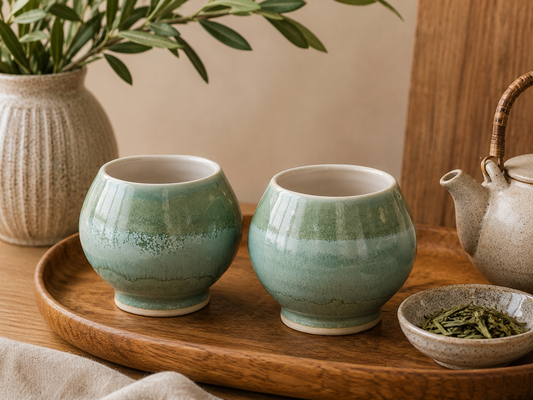 Handmade Japanese-style ceramic teacups by Buxton Pottery, featuring a mottled green glaze and artisan stoneware craftsmanship, styled in a peaceful tea setting in Melbourne, Australia.