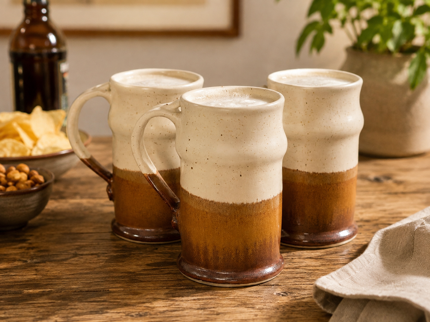 Handmade pottery beer steins in speckled cream and brown glaze, set of three