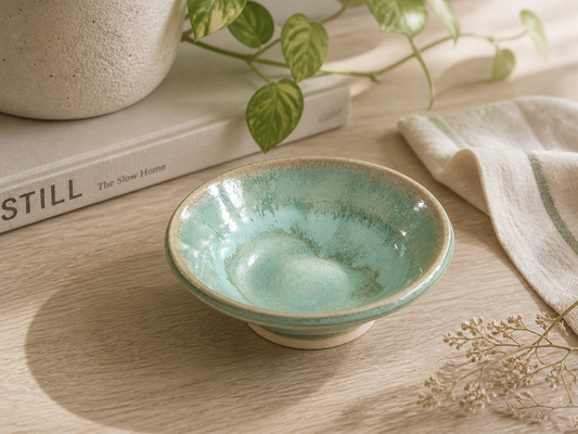 handmade ceramic trinket bowl green glaze Australian pottery small dish
