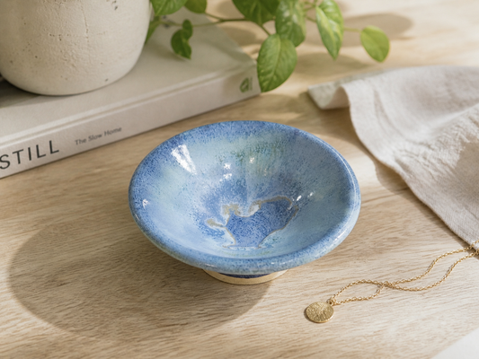 handmade ceramic trinket bowl blue glaze Australian pottery small dish