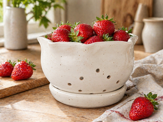 Handmade ceramic berry bowl filled with strawberries in a kitchen lifestyle setting
