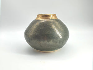 Handmade Ceramic Moon Jar -Dark Green pottery Bowl with gold rim - Entry way table display Vase