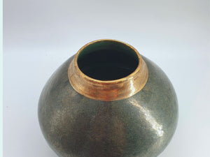 Handmade Ceramic Moon Jar -Dark Green pottery Bowl with gold rim - Entry way table display Vase