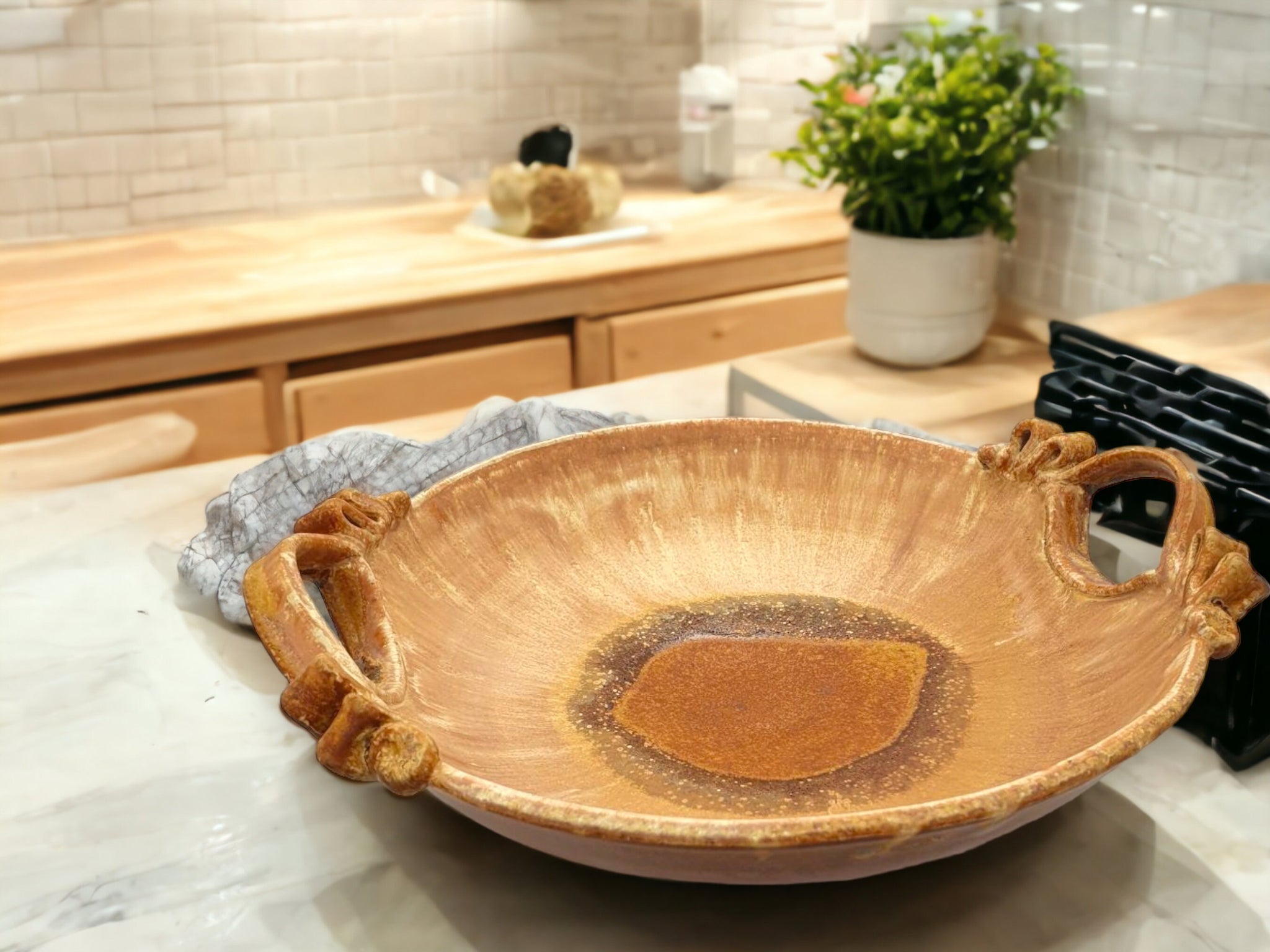 Handmade pottery serving Bowl with handles -ceramic decorative display bowl - Australian Red centre colours - Coffee table centrepiece.